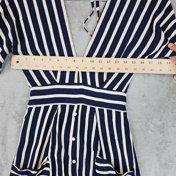 Faithfull The Brand Milan Striped Midi Dress Womens XS Navy Cream Rayon V-Neck - Picture 9 of 9